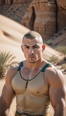 solo,looking at viewer,short hair,black hair,1boy,bare shoulders,brown eyes,closed mouth,nipples,upper body,male focus,outdoors,blurry,covered nipples,muscular,blurry background,facial hair,tank top,pectorals,muscular male,bara,beard,large pectorals,mature male,realistic,sand,stubble,bald,manly,white tank top,chest hair,desert,scar,very short hair