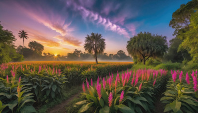 flower, outdoors, sky, cloud, tree, no humans, grass, plant, star (sky), nature, scenery, starry sky, sunset, sun, field