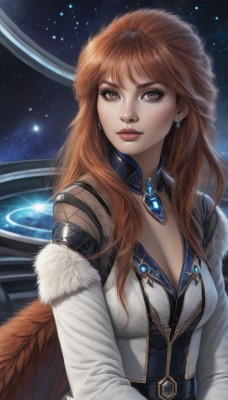 1girl,solo,long hair,breasts,looking at viewer,brown hair,long sleeves,cleavage,brown eyes,jewelry,medium breasts,upper body,earrings,orange hair,lips,fur trim,makeup,watermark,lipstick,brooch,gem,star (sky),corset,starry sky,freckles,realistic,nose,space,bangs,large breasts,sky,necklace