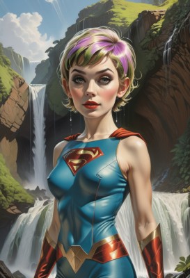 1girl,solo,breasts,looking at viewer,blush,short hair,blue eyes,blonde hair,gloves,bare shoulders,medium breasts,green eyes,purple hair,multicolored hair,small breasts,outdoors,sky,day,cloud,water,cape,covered nipples,two-tone hair,lips,bodysuit,covered navel,makeup,lipstick,skin tight,toned,realistic,red cape,red lips,animification,superhero,waterfall,blue bodysuit,green hair,belt,artist name