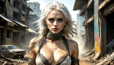 HQ,1girl,solo,long hair,breasts,looking at viewer,blue eyes,blonde hair,large breasts,cleavage,bare shoulders,medium breasts,collarbone,upper body,white hair,outdoors,parted lips,choker,day,lips,facial mark,ground vehicle,wind,building,breasts apart,motor vehicle,injury,city,realistic,nose,car,ruins,dirty,dirty face,short hair,green eyes,scarf,torn clothes,makeup,scar,sunlight,messy hair,road,facepaint,street,damaged