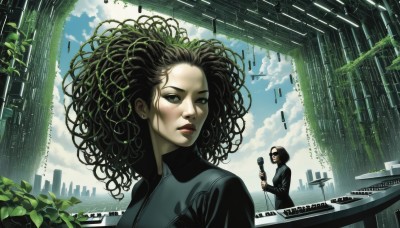 short hair,multiple girls,brown hair,black hair,2girls,jewelry,green eyes,jacket,earrings,sky,day,cloud,black eyes,lips,leaf,cloudy sky,plant,building,messy hair,scenery,zipper,science fiction,curly hair,realistic,ruins,big hair,skyscraper,afro,overgrown,post-apocalypse,1girl,long hair,1boy,makeup,mask,instrument,microphone,microphone stand