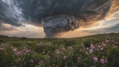 flower, outdoors, sky, cloud, dutch angle, no humans, cloudy sky, grass, scenery, purple flower, field, flower field, landscape