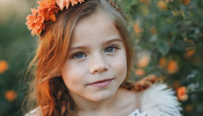 1girl,solo,long hair,looking at viewer,blue eyes,brown hair,hair ornament,closed mouth,flower,hair flower,orange hair,blurry,lips,grey eyes,depth of field,blurry background,portrait,close-up,freckles,realistic,nose,head wreath,orange flower,smile,braid,red hair,parted lips,eyelashes