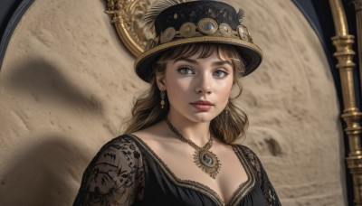 1girl,solo,long hair,breasts,looking at viewer,blue eyes,brown hair,hat,dress,cleavage,jewelry,medium breasts,closed mouth,collarbone,upper body,earrings,necklace,black dress,lips,see-through,grey eyes,black headwear,realistic,nose,bangs,makeup,shadow,portrait,lace trim,lace,pendant,red lips,gears,goggles on headwear,steampunk