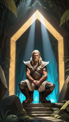 solo,long hair,looking at viewer,blonde hair,1boy,closed mouth,full body,male focus,boots,outdoors,pointy ears,belt,signature,armor,tree,muscular,facial hair,brown footwear,sunlight,squatting,own hands together,grass,plant,elf,shoulder armor,nature,beard,forest,pauldrons,light rays,stairs,bracer,shoulder pads,leaf,manly