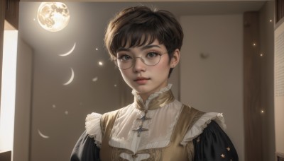 1girl,solo,looking at viewer,short hair,bangs,blue eyes,brown hair,black hair,dress,jewelry,closed mouth,upper body,earrings,glasses,puffy sleeves,indoors,necklace,lips,moon,brooch,gem,freckles,realistic,nose,round eyewear,blush,frills,sky,maid,eyelashes,window,night,messy hair,portrait,star (sky),crescent moon