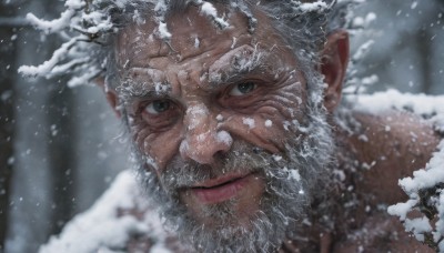 solo,looking at viewer,1boy,closed mouth,white hair,grey hair,male focus,outdoors,blurry,tree,lips,grey eyes,blurry background,facial hair,portrait,beard,snow,close-up,snowing,realistic,mustache,old,old man,smile,pointy ears,depth of field,thick eyebrows,antlers,manly,winter