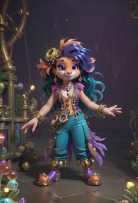 1girl,solo,long hair,breasts,looking at viewer,smile,hair ornament,cleavage,jewelry,blue hair,standing,purple eyes,full body,purple hair,multicolored hair,earrings,boots,green hair,pants,artist name,necklace,orange hair,bracelet,two-tone hair,gradient hair,makeup,thick eyebrows,feathers,gem,child,pendant,beads,bangle,purple footwear,open hands,green gemstone,pointy footwear,open mouth,shirt,black hair,navel,medium breasts,very long hair,collarbone,flower,small breasts,parted lips,open clothes,shoes,teeth,mole,grin,blurry,vest,high heels,mole under eye,no bra,wavy hair,happy,outstretched arms,plant,light particles,furry,asymmetrical hair,wooden floor,blue pants,potted plant,feather hair ornament,animal nose,open vest,blue gemstone,puffy pants