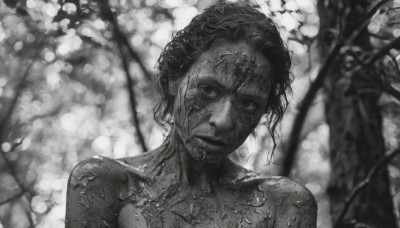 1girl,solo,looking at viewer,short hair,closed mouth,monochrome,upper body,greyscale,nude,dark skin,blurry,tree,lips,depth of field,blurry background,messy hair,portrait,realistic,1boy,collarbone,male focus,outdoors,facial hair,nature