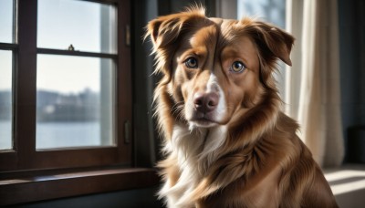 HQ,looking at viewer,brown eyes,day,indoors,blurry,no humans,window,depth of field,blurry background,animal,cat,curtains,dog,realistic,animal focus,whiskers,solo