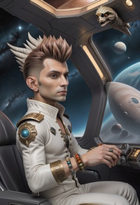 solo,short hair,brown hair,1boy,brown eyes,jewelry,sitting,male focus,sky,signature,necklace,bracelet,lips,ring,robot,star (sky),starry sky,science fiction,watch,realistic,white pants,nose,wristwatch,space,planet,earth (planet),spacecraft,cockpit,galaxy,blue eyes,blonde hair,uniform,military,military uniform,spiked hair,alien,mohawk