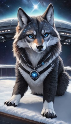 solo,looking at viewer,blue eyes,jewelry,full body,outdoors,sky,no humans,night,animal,brooch,gem,star (sky),night sky,snow,starry sky,dog,realistic,space,animal focus,signature,necklace,pendant,planet,wolf