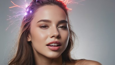 1girl,solo,long hair,looking at viewer,smile,open mouth,simple background,brown hair,brown eyes,parted lips,teeth,signature,grey background,lips,portrait,realistic,nose,artist name,eyelashes,watermark,close-up,electricity,lightning