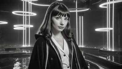 1girl,solo,long hair,looking at viewer,smile,bangs,closed mouth,monochrome,upper body,ponytail,greyscale,japanese clothes,indoors,hood,blunt bangs,medium hair,kimono,lips,robe,realistic,nose,breasts,collarbone,jacket,open clothes,water