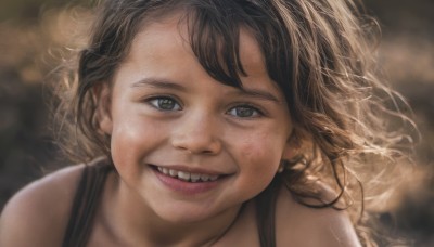 1girl,solo,long hair,looking at viewer,smile,open mouth,brown hair,bare shoulders,brown eyes,teeth,blurry,lips,depth of field,blurry background,tank top,portrait,freckles,realistic,bangs,:d,grin,messy hair,close-up,dirty