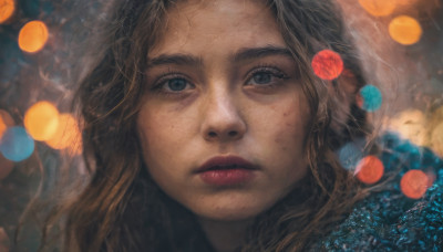 1girl, solo, long hair, looking at viewer, brown hair, parted lips, blurry, lips, eyelashes, portrait, close-up, freckles, realistic, nose, red lips, bokeh