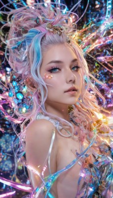 1girl,solo,long hair,breasts,looking at viewer,blue eyes,hair ornament,dress,bare shoulders,jewelry,medium breasts,blue hair,upper body,pink hair,white hair,multicolored hair,small breasts,parted lips,necklace,nail polish,blurry,from side,two-tone hair,lips,eyelashes,makeup,eyeshadow,crystal,nose,mascara,blonde hair,artist name,streaked hair,watermark,facial mark,gem,realistic