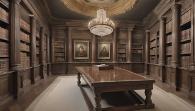 indoors,book,no humans,window,shadow,chair,table,scenery,stairs,bookshelf,pillar,statue,library,painting (object),chandelier,1girl,solo,black hair,1boy,candlestand,portrait (object)