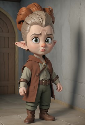 1girl,solo,looking at viewer,brown hair,shirt,long sleeves,1boy,jewelry,green eyes,standing,full body,male focus,multicolored hair,earrings,boots,pointy ears,belt,pants,artist name,indoors,vest,lips,brown footwear,child,forehead,freckles,door,male child,blonde hair,chibi,orange hair,clenched hands,realistic