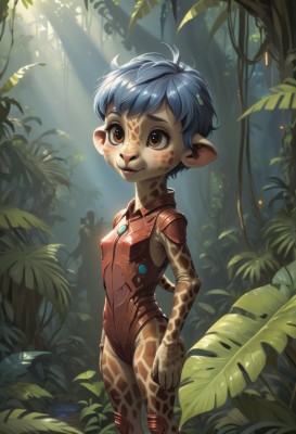 1girl,solo,breasts,looking at viewer,smile,short hair,hair ornament,brown eyes,closed mouth,blue hair,standing,small breasts,outdoors,pointy ears,leotard,tree,lips,colored skin,leaf,sunlight,plant,nature,furry,forest,light rays,furry female,sunbeam,dappled sunlight,animal ears,tail,child,facepaint,leopard tail