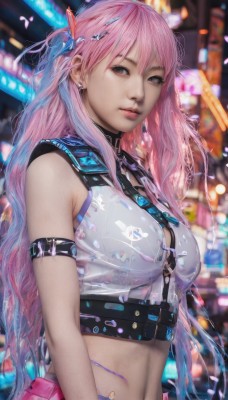 1girl,solo,long hair,breasts,looking at viewer,bangs,blue eyes,hair ornament,navel,jewelry,medium breasts,blue hair,upper body,pink hair,multicolored hair,earrings,parted lips,sleeveless,midriff,blurry,black eyes,two-tone hair,lips,crop top,blurry background,zipper,realistic,belt,stomach,neon lights