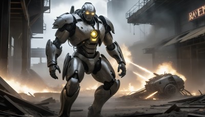 HQ,solo,standing,yellow eyes,armor,military,no humans,glowing,fire,robot,ground vehicle,building,mecha,glowing eyes,motor vehicle,smoke,science fiction,city,realistic,aircraft,military vehicle,car,explosion,ruins,tank,damaged,open hands,debris,dust,helicopter,1boy,weapon,signature,orange eyes,rain,power armor