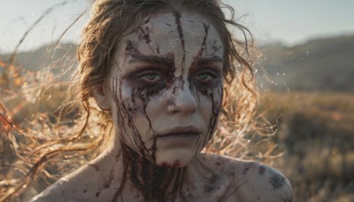 1girl,solo,looking at viewer,short hair,blonde hair,brown hair,black hair,1boy,brown eyes,closed mouth,male focus,outdoors,day,blurry,lips,blood,depth of field,blurry background,fire,wind,messy hair,portrait,blood on face,realistic,burning,long hair,collarbone,nude,floating hair,expressionless,injury