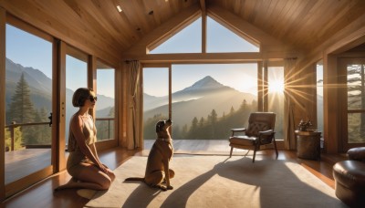 1girl,solo,breasts,short hair,brown hair,black hair,cleavage,bare shoulders,medium breasts,sitting,sky,shorts,barefoot,day,indoors,hair bun,from side,tree,window,shadow,animal,table,sunlight,single hair bun,scenery,seiza,camisole,dog,wooden floor,mountain,on floor,television,cloud,chair,cat,sun,stool,painting (object)