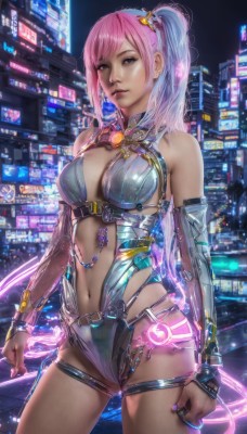 1girl,solo,long hair,breasts,looking at viewer,large breasts,hair ornament,navel,cleavage,bare shoulders,brown eyes,jewelry,medium breasts,standing,pink hair,multicolored hair,cowboy shot,earrings,parted lips,detached sleeves,side ponytail,lips,see-through,thigh strap,science fiction,city,realistic,bangs,thighs,outdoors,alternate costume,shiny,signature,nail polish,leotard,skindentation,night,watermark,piercing,building,clenched hands,cityscape,navel piercing,skyscraper,neon trim,city lights,cyberpunk,neon lights,holographic interface,hologram