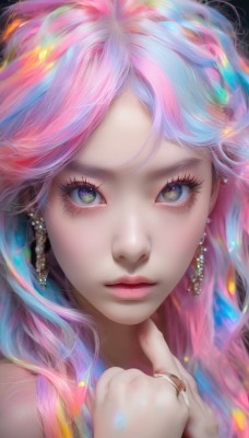 1girl,solo,long hair,looking at viewer,bangs,blue eyes,jewelry,closed mouth,green eyes,blue hair,pink hair,multicolored hair,earrings,hand up,lips,eyelashes,sparkle,makeup,ring,lipstick,portrait,close-up,eyeshadow,pink lips,glint,multicolored eyes,realistic,nose,red lips,mascara,rainbow hair,watermark,gem