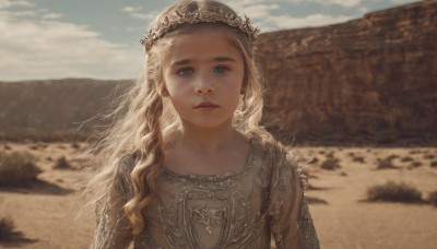 1girl,solo,long hair,looking at viewer,blue eyes,blonde hair,dress,closed mouth,upper body,outdoors,sky,day,cloud,blurry,blue sky,lips,grey eyes,depth of field,blurry background,wavy hair,expressionless,crown,mountain,realistic,desert,parted lips,armor,cloudy sky,sand