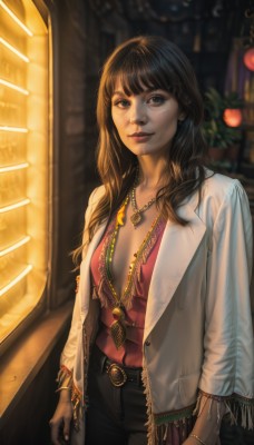 1girl,solo,long hair,breasts,looking at viewer,smile,bangs,brown hair,shirt,black hair,long sleeves,cleavage,brown eyes,jewelry,medium breasts,closed mouth,standing,jacket,cowboy shot,small breasts,outdoors,open clothes,belt,pants,indoors,necklace,nail polish,blurry,bracelet,open jacket,lips,coat,window,open shirt,no bra,makeup,buttons,blurry background,wavy hair,black pants,ring,white jacket,plant,red shirt,freckles,arm at side,belt buckle,realistic,nose,arms at sides,unbuttoned,white coat,red lips,earrings,denim,blouse,pendant,pink shirt,jeans