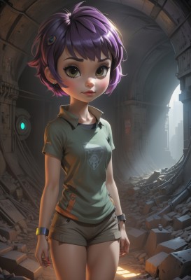 1girl,solo,breasts,looking at viewer,blush,short hair,bangs,shirt,hair ornament,brown eyes,jewelry,closed mouth,green eyes,standing,collarbone,purple hair,short sleeves,thighs,cowboy shot,earrings,small breasts,parted lips,shorts,hairclip,collared shirt,artist name,indoors,signature,nail polish,bracelet,lips,fingernails,short shorts,eyelashes,makeup,watermark,sunlight,wing collar,lipstick,t-shirt,wristband,child,red nails,web address,backlighting,freckles,watch,legs together,green shirt,arms at sides,red lips,wristwatch,stud earrings,light,print shirt,ruins,alley,rubble,thick eyebrows,science fiction,nose,brown shorts