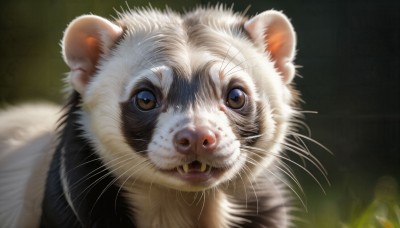 HQ,looking at viewer,open mouth,brown eyes,teeth,blurry,no humans,blurry background,animal,fangs,cat,realistic,animal focus,mouse,whiskers,solo,simple background,black background,portrait,close-up,white fur