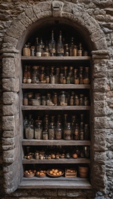 food,indoors,cup,no humans,fruit,traditional media,bottle,scenery,alcohol,realistic,bread,brick wall,shelf,wine bottle,food focus,bar (place),still life,plate,bowl,basket,wall,jar,counter,barrel,stone wall