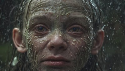 1girl,solo,long hair,looking at viewer,brown eyes,closed mouth,yellow eyes,outdoors,water,blurry,lips,wet,depth of field,blurry background,portrait,close-up,rain,water drop,realistic,nose,wet hair,eye focus,1boy,grey hair,male focus