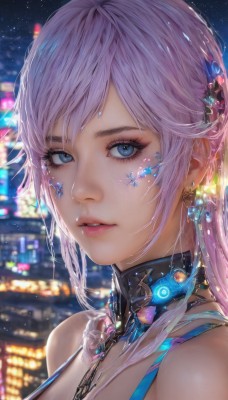 1girl,solo,long hair,breasts,looking at viewer,bangs,blue eyes,hair ornament,cleavage,bare shoulders,jewelry,pink hair,earrings,parted lips,sky,choker,blurry,collar,lips,eyelashes,makeup,night,blurry background,facial mark,gem,portrait,close-up,crystal,nose,mascara,city lights,crystal earrings,upper body,purple hair,sidelocks,outdoors,necklace,star (symbol),depth of field,swept bangs,star (sky),night sky,starry sky,city,realistic