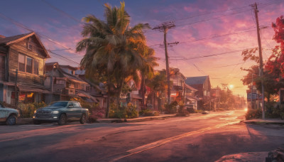 outdoors, sky, cloud, tree, dutch angle, no humans, ground vehicle, building, scenery, motor vehicle, sunset, palm tree, car, road, house, power lines, lamppost, street, utility pole