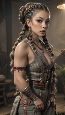 1girl,solo,long hair,breasts,looking at viewer,brown hair,black hair,dress,cleavage,bare shoulders,brown eyes,jewelry,medium breasts,closed mouth,standing,weapon,braid,cowboy shot,earrings,small breasts,outdoors,sleeveless,belt,artist name,indoors,necklace,hair bun,mole,blurry,black eyes,twin braids,bracelet,lips,grey eyes,eyelashes,makeup,depth of field,blurry background,lipstick,forehead,armlet,freckles,realistic,nose,red lips,bracer,hair pulled back,mascara,multiple braids,parted lips,piercing,ear piercing