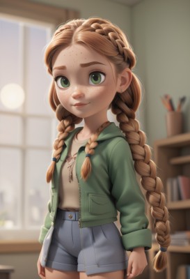 1girl,solo,long hair,looking at viewer,smile,brown hair,shirt,long sleeves,twintails,jewelry,closed mouth,green eyes,standing,jacket,braid,cowboy shot,earrings,open clothes,shorts,artist name,indoors,hood,blurry,twin braids,flat chest,open jacket,lips,short shorts,window,depth of field,blurry background,thick eyebrows,denim,forehead,zipper,freckles,denim shorts,green jacket,arms at sides,bookshelf,unzipped,female child,stud earrings,grey shorts,very long hair,book,hoodie,piercing,hood down,hooded jacket,blue shorts