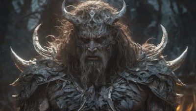 solo,long hair,looking at viewer,brown hair,1boy,closed mouth,upper body,male focus,outdoors,horns,pointy ears,armor,blurry,tree,muscular,blurry background,glowing,facial hair,scar,helmet,muscular male,shoulder armor,portrait,nature,glowing eyes,beard,spikes,forest,pauldrons,mature male,fake horns,shoulder spikes,horned helmet,red eyes,colored sclera,realistic