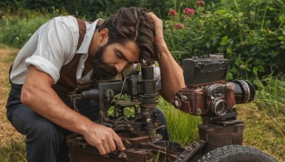 solo,short hair,brown hair,shirt,black hair,1boy,closed eyes,white shirt,flower,male focus,outdoors,day,collared shirt,pants,blurry,vest,facial hair,black pants,grass,plant,beard,sleeves rolled up,mature male,mustache,camera,hand on own head,binoculars,arm hair,closed mouth,muscular,muscular male,ground vehicle,bara,realistic