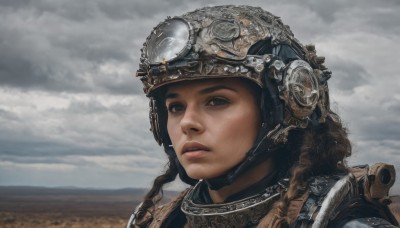 1girl,solo,long hair,looking at viewer,brown hair,brown eyes,braid,outdoors,parted lips,sky,day,cloud,dark skin,armor,lips,backpack,helmet,cloudy sky,goggles,portrait,science fiction,curly hair,realistic,nose,black hair,black eyes,field