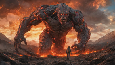 open mouth, red eyes, 1boy, standing, outdoors, sky, cloud, glowing, cloudy sky, fire, glowing eyes, claws, monster, size difference, giant, molten rock