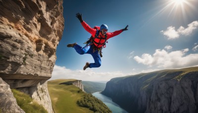 solo,gloves,1boy,jacket,male focus,boots,outdoors,sky,day,black gloves,belt,pants,cloud,hood,bag,arms up,blue sky,mask,backpack,helmet,grass,outstretched arms,scenery,red jacket,pouch,rock,jumping,mountain,sun,blue pants,midair,cliff,water,flying,superhero,landscape