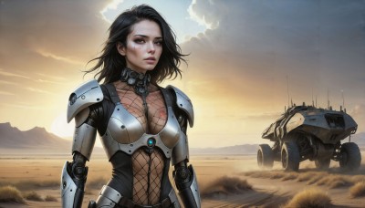 HQ,1girl,solo,long hair,breasts,black hair,navel,brown eyes,medium breasts,upper body,outdoors,sky,cloud,medium hair,armor,lips,looking to the side,bodysuit,cloudy sky,robot,ground vehicle,shoulder armor,fishnets,motor vehicle,science fiction,sunset,mountain,realistic,sun,looking afar,cyborg,power armor,desert,chainmail,looking at viewer,short hair,cleavage,parted lips,mecha,backlighting,mechanical arms,dirty,sunrise,cyberpunk