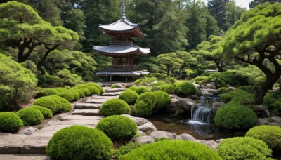 outdoors,day,water,tree,no humans,grass,building,nature,scenery,forest,rock,stairs,bush,architecture,east asian architecture,river,waterfall,shrine,stone lantern,real world location,sunlight,moss,pond