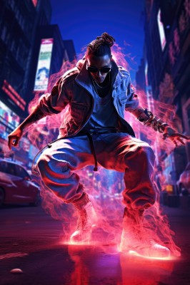 solo,shirt,black hair,1boy,jacket,full body,male focus,boots,outdoors,open clothes,shoes,pants,hair bun,blurry,open jacket,black jacket,black shirt,mask,night,blurry background,glowing,fire,ground vehicle,building,sneakers,glowing eyes,motor vehicle,city,car,aura,street,looking at viewer,jewelry,necklace,sunglasses,dark-skinned male,realistic,open hand,open hands