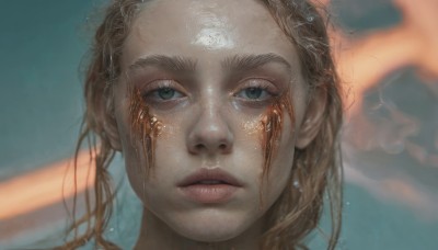 1girl,solo,looking at viewer,blue eyes,blonde hair,brown hair,parted lips,water,blurry,lips,wet,eyelashes,blurry background,portrait,close-up,forehead,freckles,reflection,realistic,nose,wet hair,long hair,teeth,shiny,grey eyes,depth of field,science fiction,cracked skin